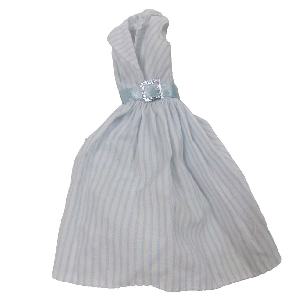 Vintage Barbie Blue & White Belted Dress Vertical Stripes Striped Pink Label